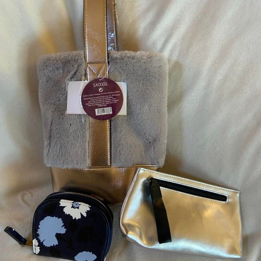 Copper Metallic Bucket Bag, Blue Floral Wallet, Silver Makeup Bag. The metallic